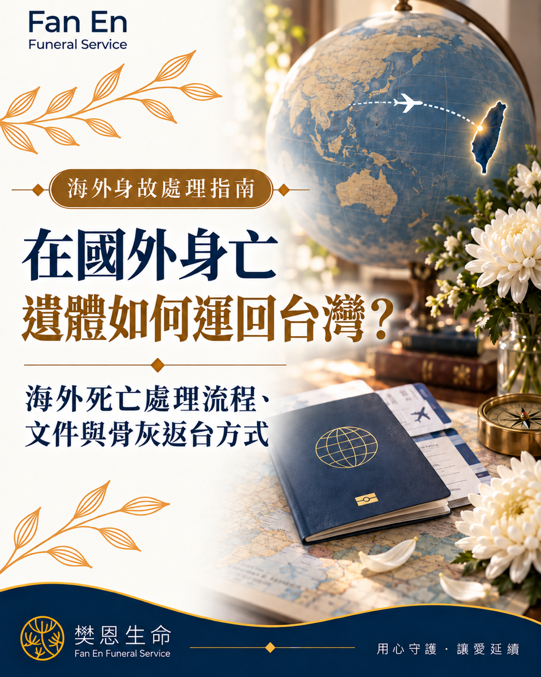 家人在國外過世,遺體如何運回台灣?樊恩生命整理遺體空運、骨灰返台、死亡證明、文件驗證、檢疫、航空運送及返台後事流程。專業台中生命禮儀公司,提供國際遺體運送諮詢與台灣端接運、安置及告別式協助。